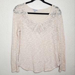Charlotte Russe Sheer Scoop Neck Sparkly Cream Longsleeve Sweater (Size: M)